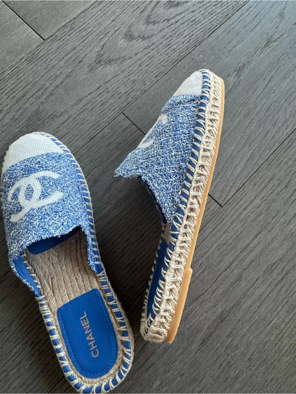 Chanel blue sequined tweed espadrille mules